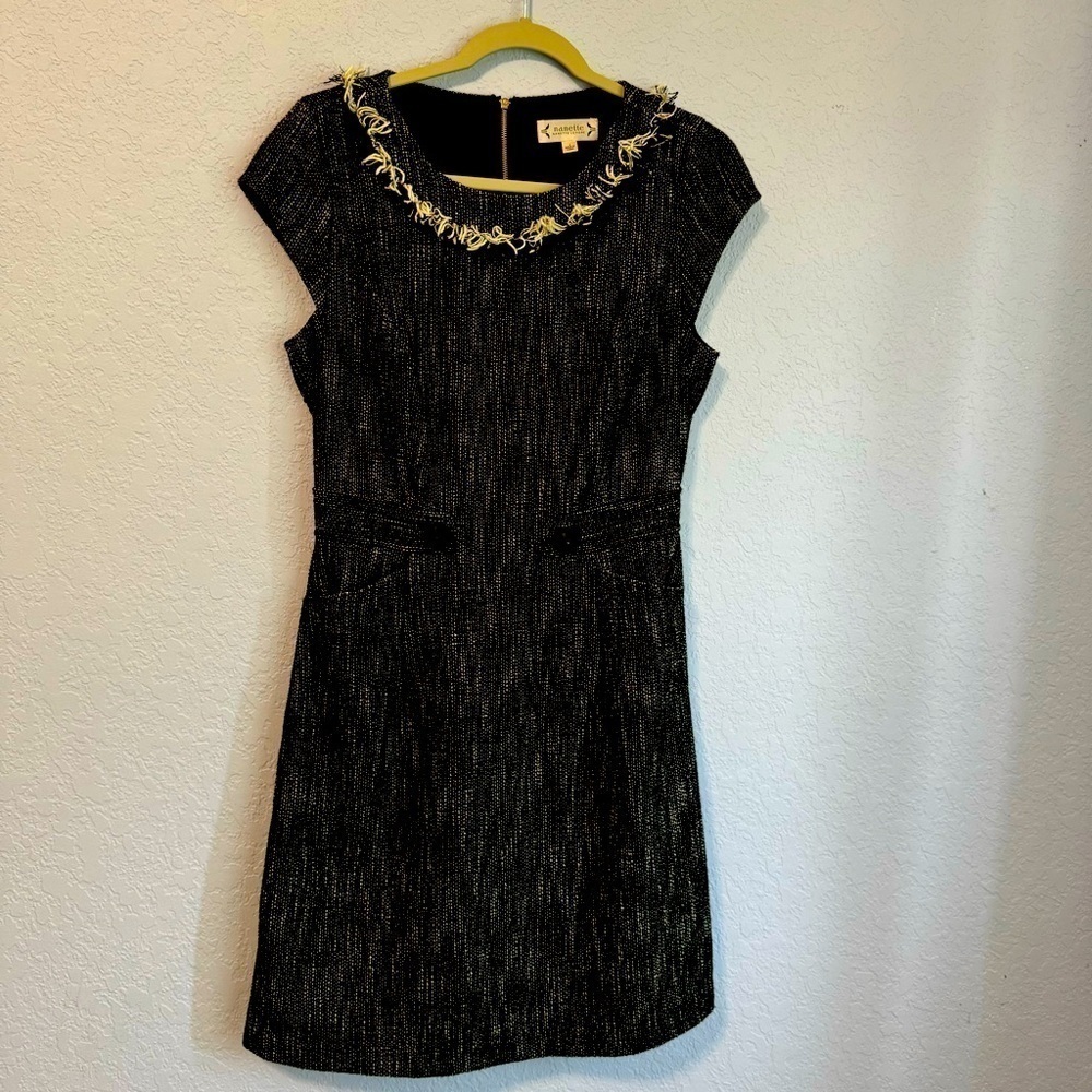 Nanette Lepore Black White Tweed Fringe Pockets Above the Knee Dress